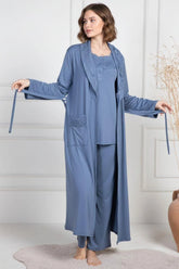 Lace Collar 3-Piece Maternity-Nursing Pajama & Robe Set Indigo - 6155