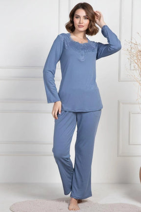 Lace Collar 3-Piece Maternity-Nursing Pajama & Robe Set Indigo - 6155