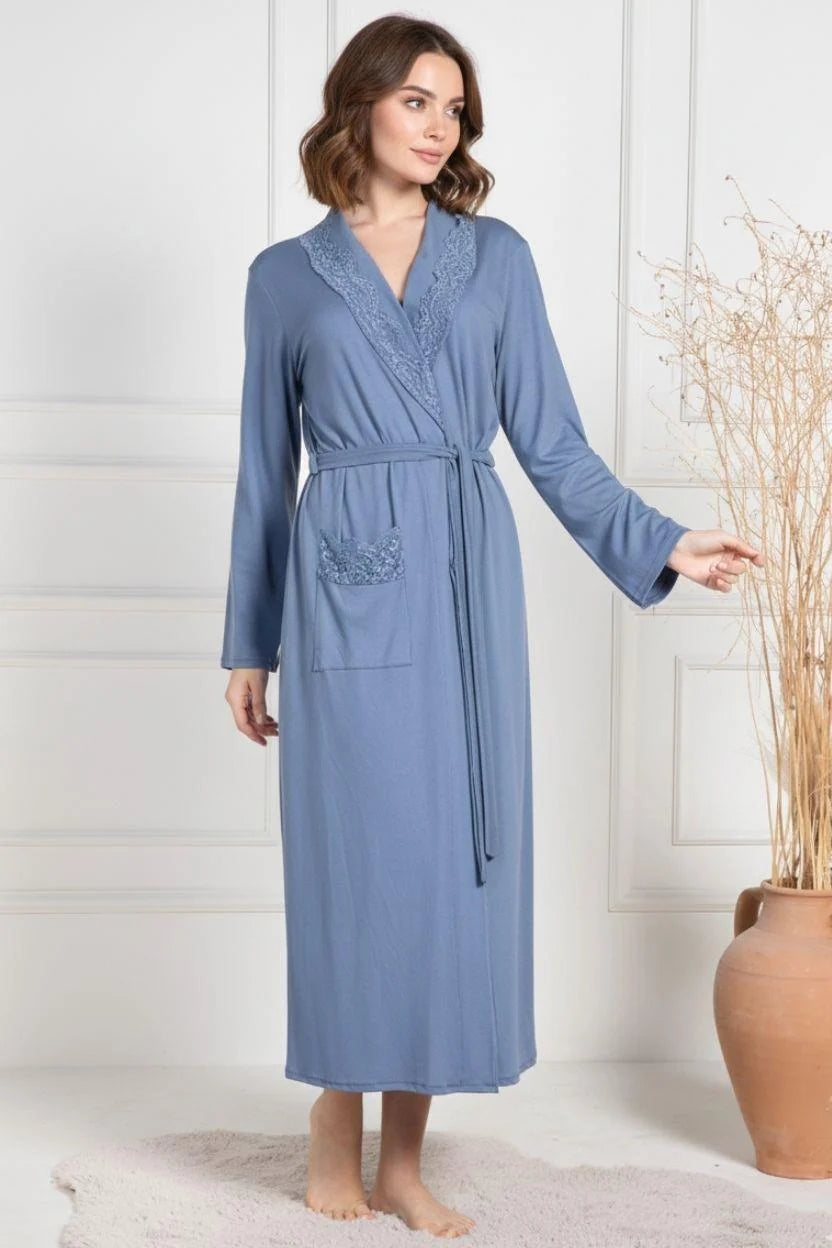 Lace Collar 3-Piece Maternity-Nursing Pajama & Robe Set Indigo - 6155