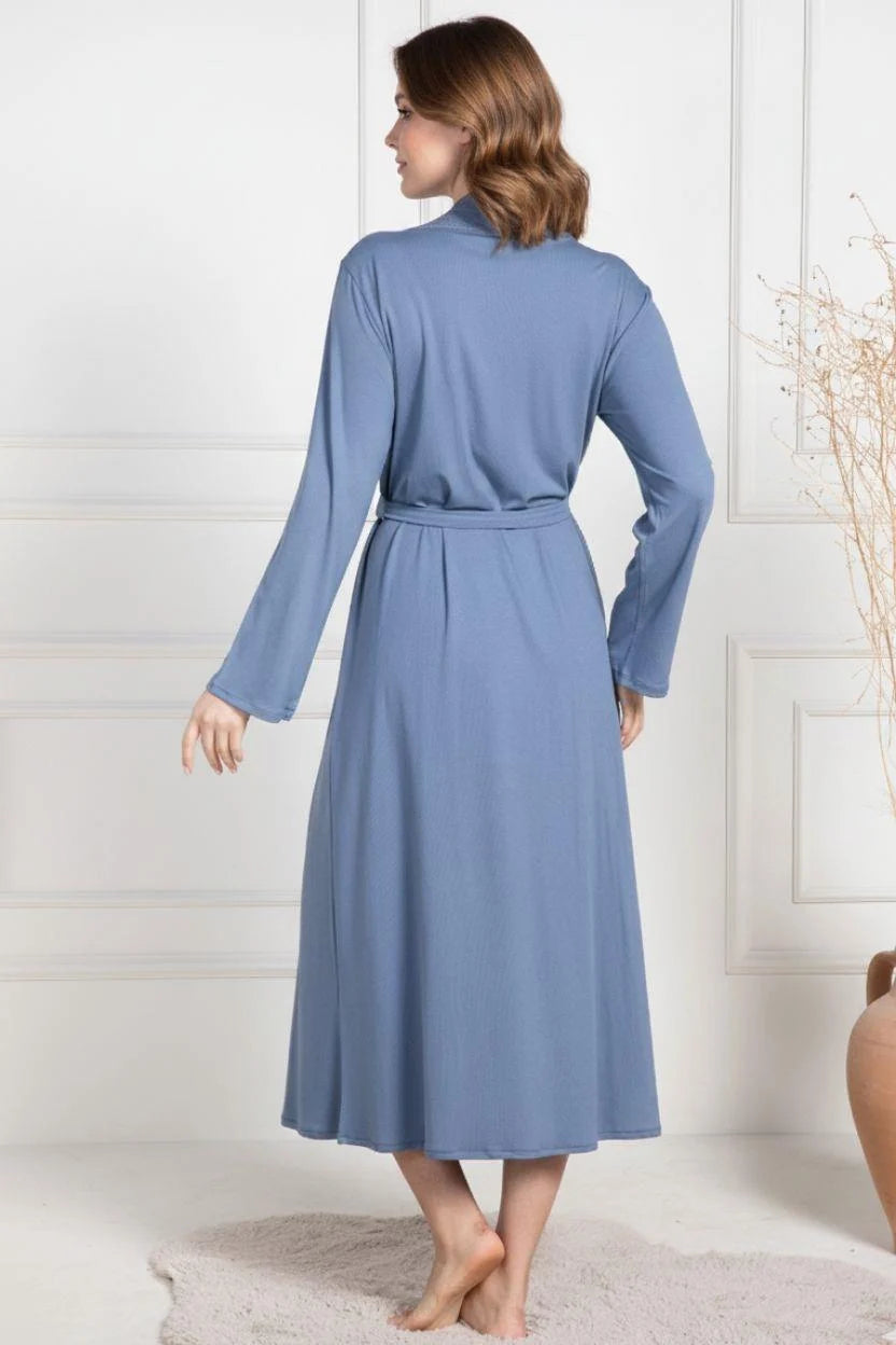 Lace Collar 3-Piece Maternity-Nursing Pajama & Robe Set Indigo - 6155