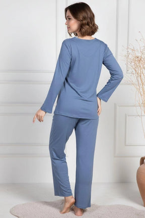 Lace Collar 3-Piece Maternity-Nursing Pajama & Robe Set Indigo - 6155