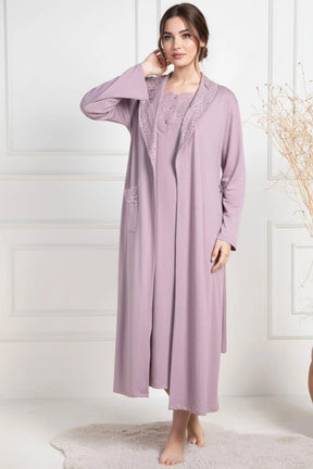 Lace Collar Maternity-Nursing Nightgown & Robe Set Dried Rose - 6156