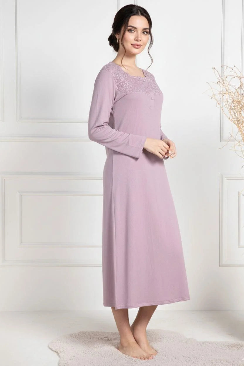 Lace Collar Maternity-Nursing Nightgown & Robe Set Dried Rose - 6156