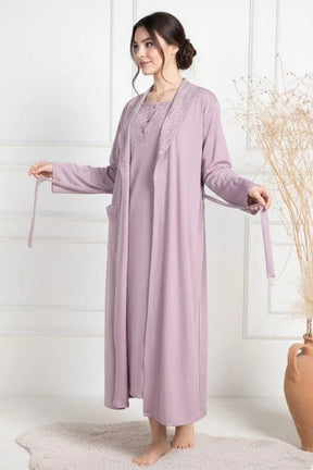 Lace Collar Maternity-Nursing Nightgown & Robe Set Dried Rose - 6156