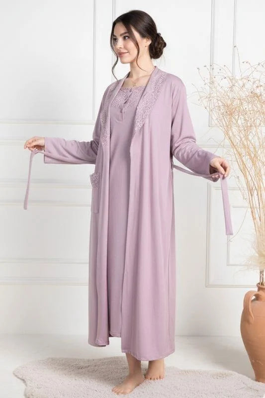 Lace Collar Maternity-Nursing Nightgown & Robe Set Dried Rose - 6156