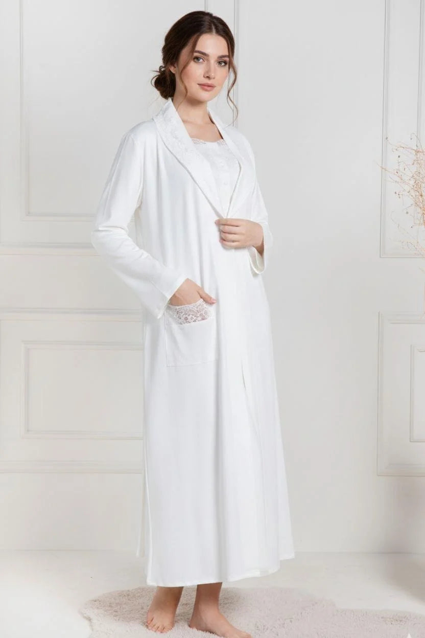Lace Collar Maternity-Nursing Nightgown & Robe Set Ecru - 6156
