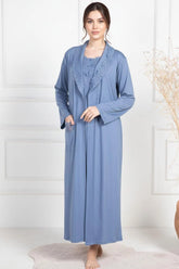 Lace Collar Maternity-Nursing Nightgown & Robe Set Indigo - 6156