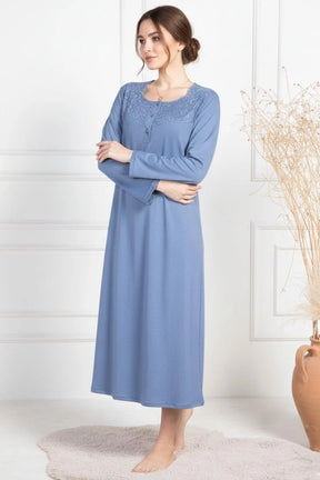 Lace Collar Maternity-Nursing Nightgown & Robe Set Indigo - 6156