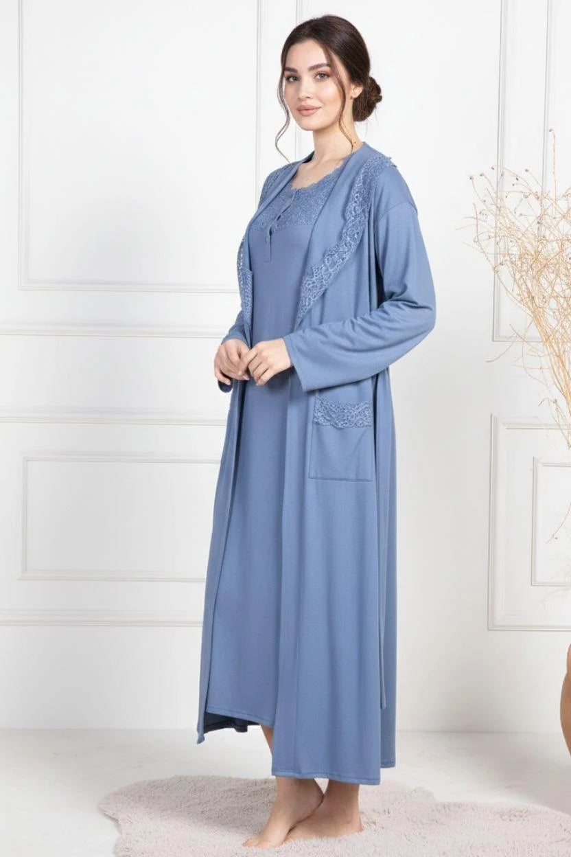 Lace Collar Maternity-Nursing Nightgown & Robe Set Indigo - 6156