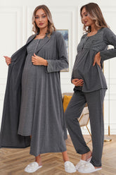 Flowery Guipure Collar 4-Piece Maternity-Nursing Set Charcoal - 6172