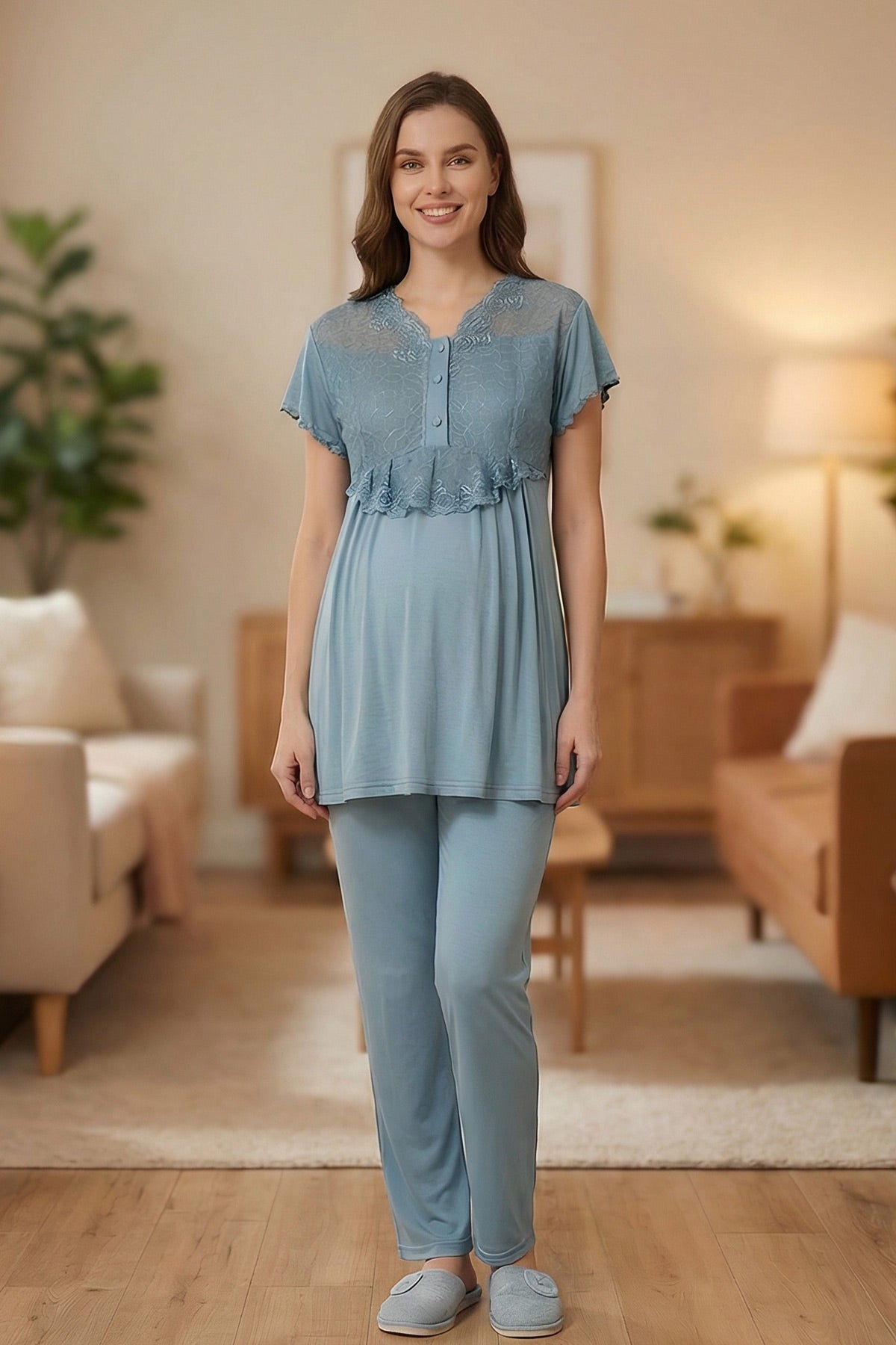 Lace Embroidered 3-Piece Maternity-Nursing Pajama & Satin Jacquard Robe Set Blue - 6201