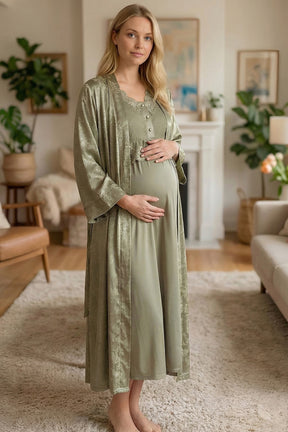 Lace Embroidered Maternity-Nursing Nightgown & Satin Jacquard Robe Set Green - 6202