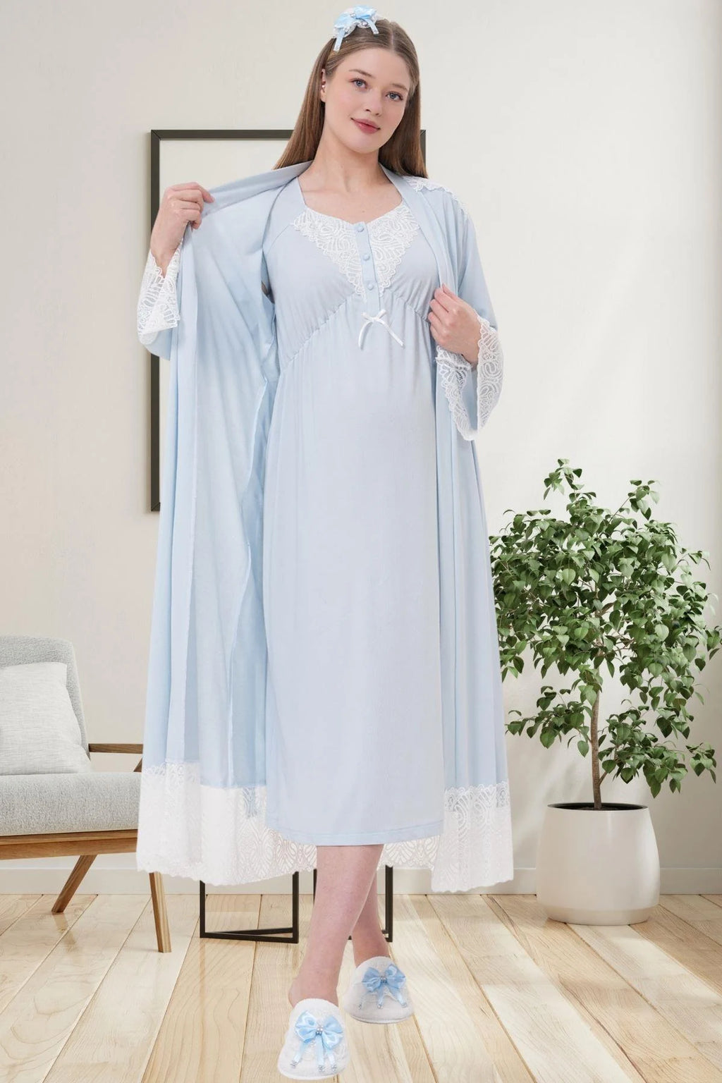 Lace Detailed Maternity Feeding-Friendly Nightgown & Robe Set Blue - C6204