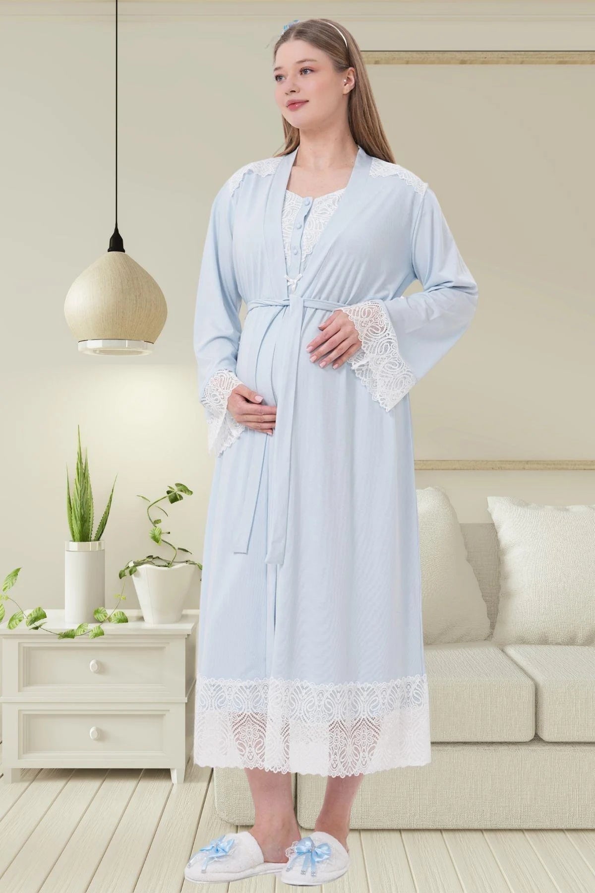 Lace Detailed Maternity Feeding-Friendly Nightgown & Robe Set Blue - C6204