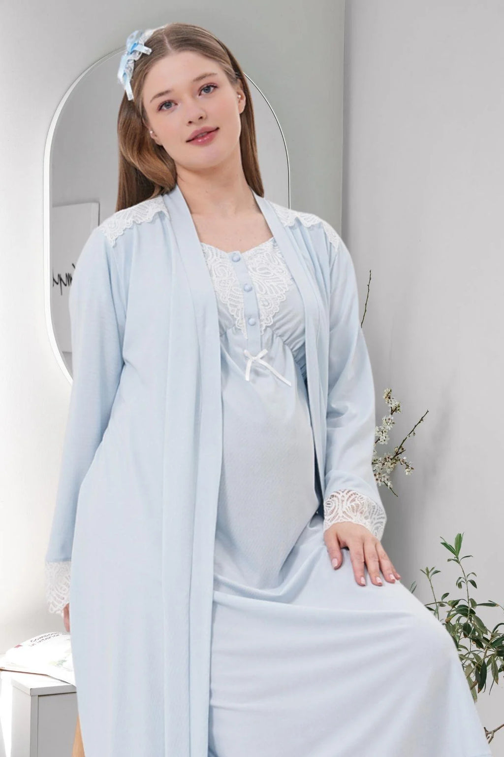 Lace Detailed Maternity Feeding-Friendly Nightgown & Robe Set Blue - C6204