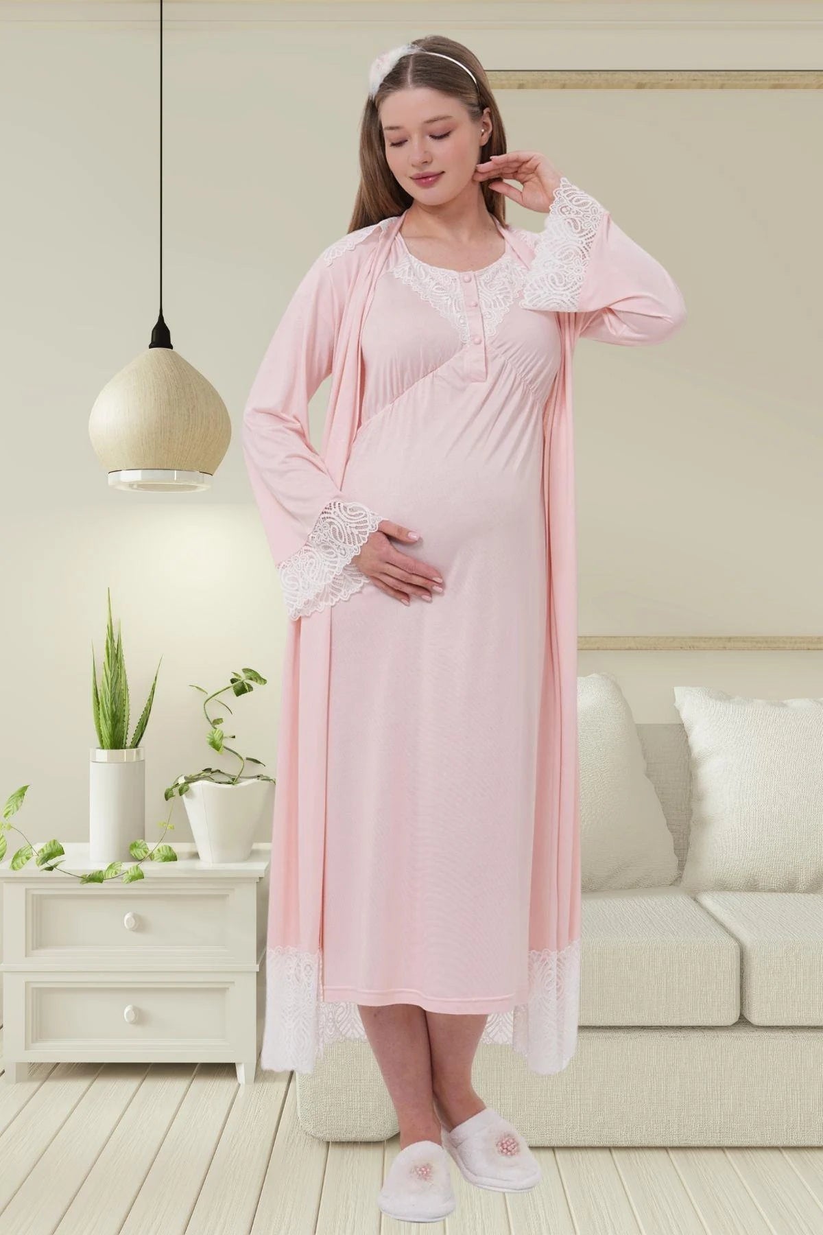 Lace Detailed Maternity-Nursing Nightgown Robe Set Pink 6204