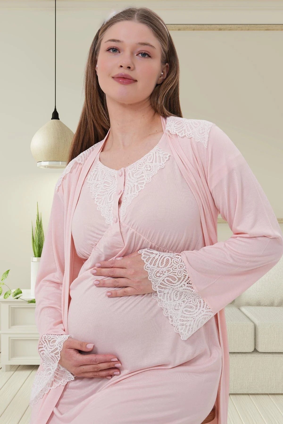 Lace Detailed Maternity-Nursing Nightgown & Robe Set Pink - 6204