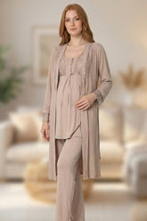 Lace Sleeve and Collar 3-Piece Maternity-Nursing Pajama & Jacquard Robe Set Mink - 6205