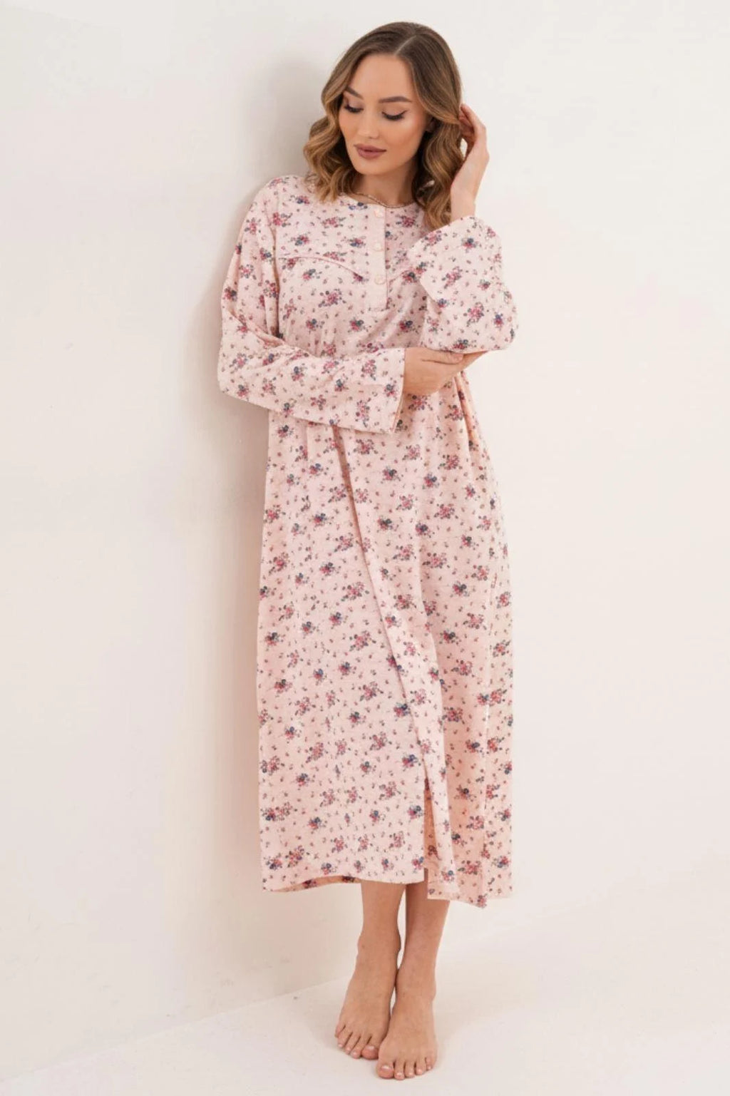 Flower Patterned Plus Size Maternity Feeding-Friendly Nightgown Powder - C6205