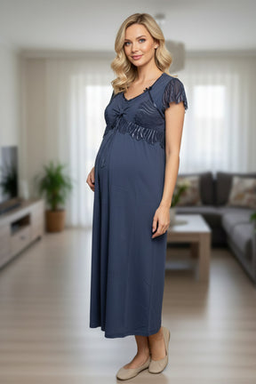 Striped Lace Detailed Linen Maternity-Nursing Nightgown & Robe Set Navy Blue - 6208