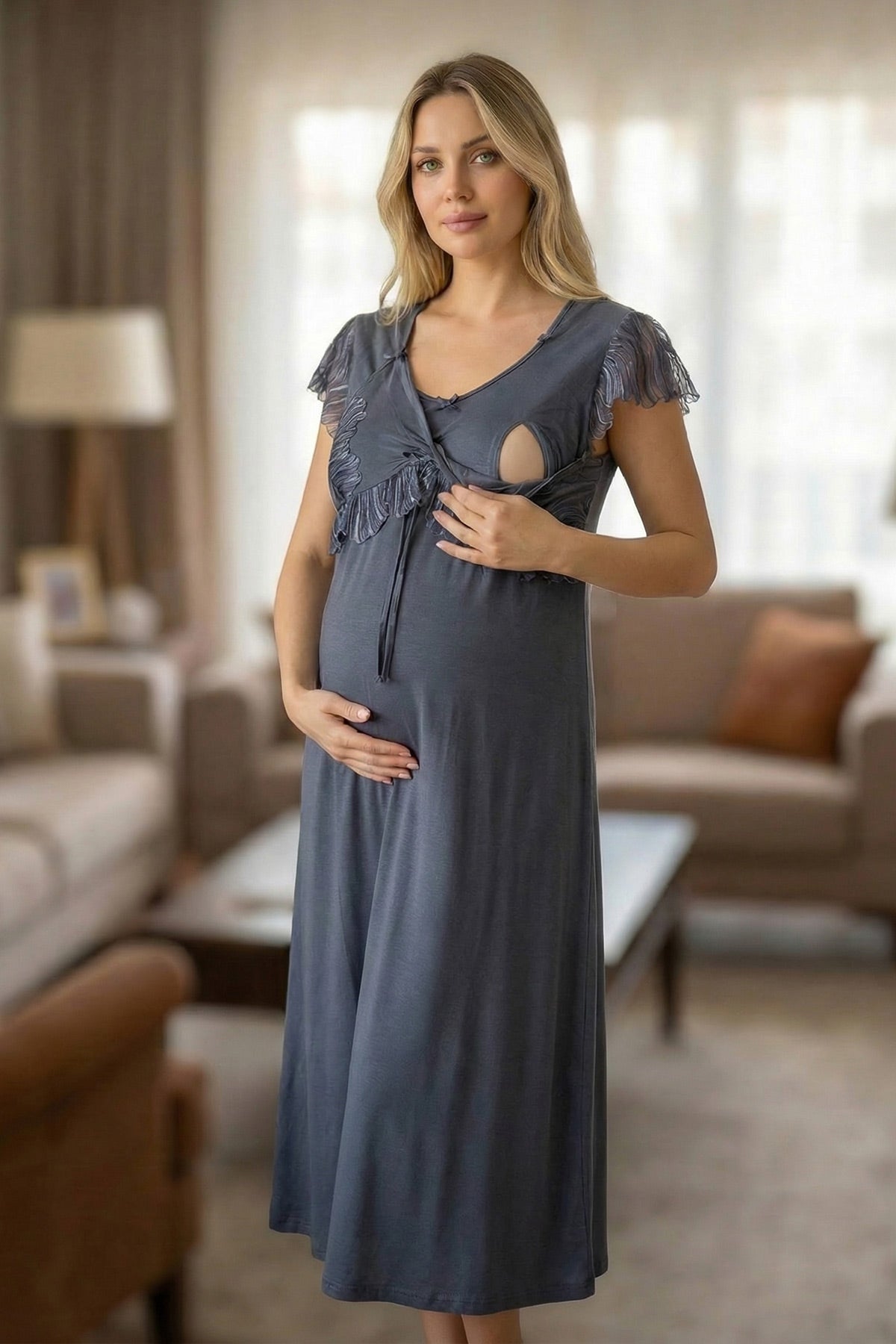 Striped Lace Detailed Linen Maternity-Nursing Nightgown & Robe Set Navy Blue - 6208