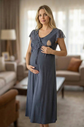 Striped Lace Detailed Linen Maternity-Nursing Nightgown & Robe Set Navy Blue - 6208