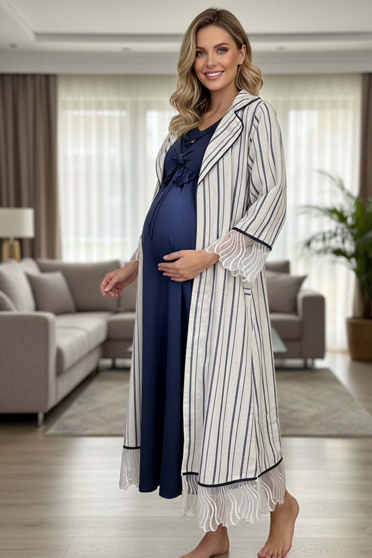 Striped Lace Detailed Linen Maternity-Nursing Nightgown & Robe Set Navy Blue - 6208