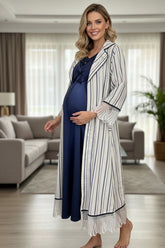 Striped Lace Detailed Linen Maternity-Nursing Nightgown & Robe Set Navy Blue - 6208