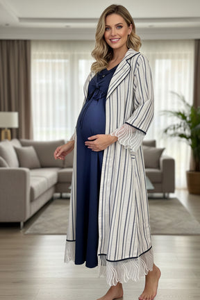 Striped Lace Detailed Linen Maternity-Nursing Nightgown & Robe Set Navy Blue - 6208