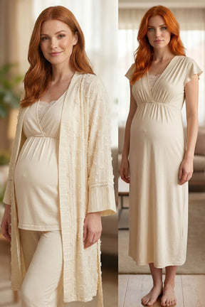 Lace Wrap Textured Knit 4-Piece Maternity-Nursing Set Ecru - 620910