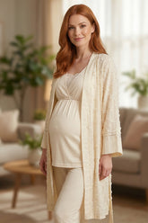 Lace Wrap 3-Piece Maternity-Nursing Pajama & Textured Knit Robe Set Ecru - 6209