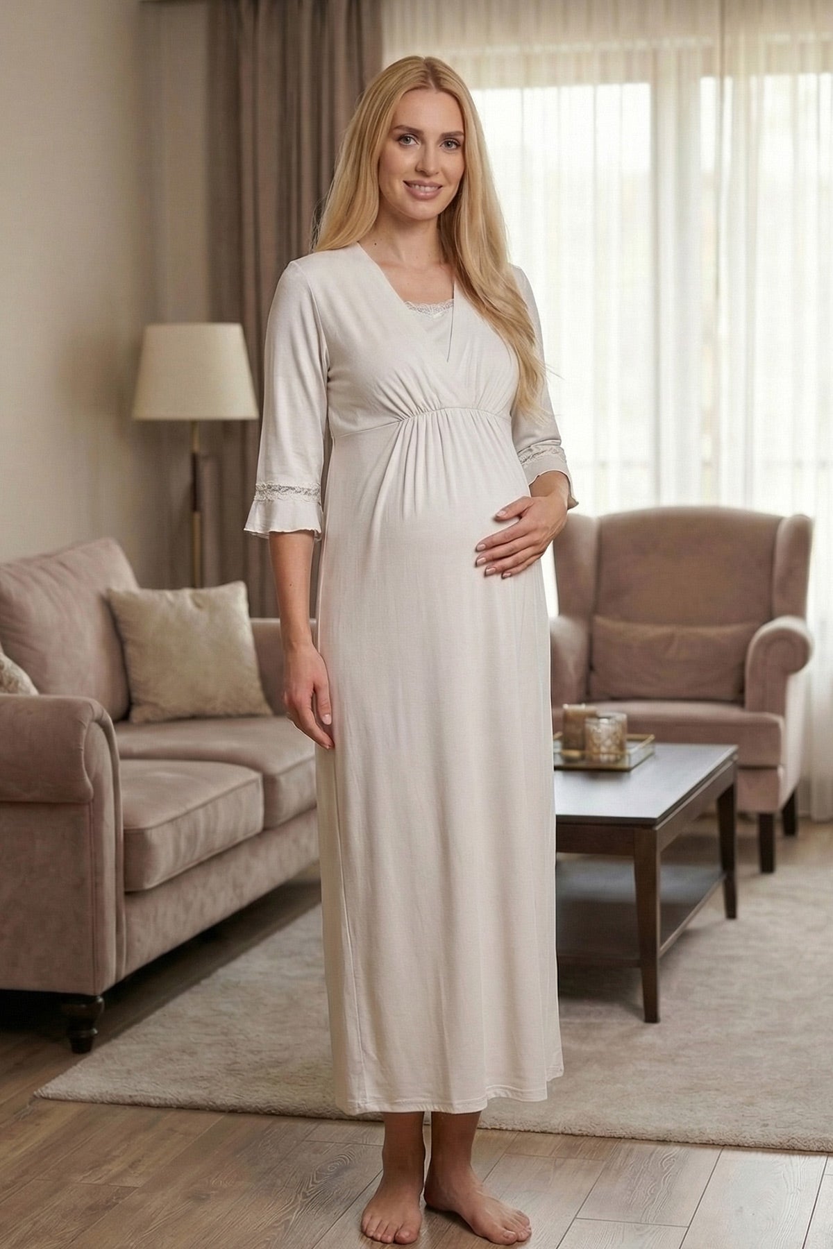 Lace Wrap Maternity-Nursing Nightgown & Floral Woven Robe Set Black - 6212