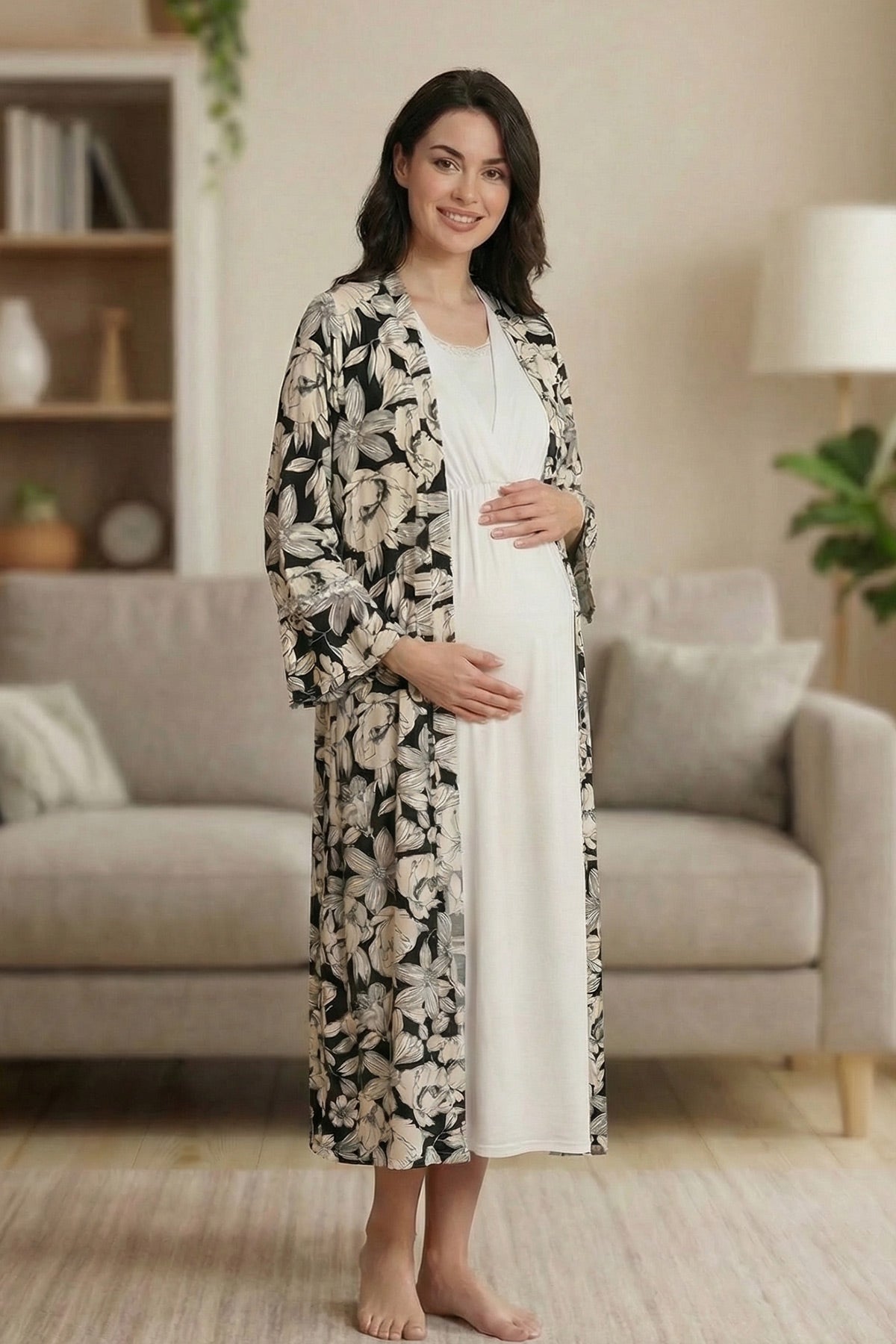 Lace Wrap Maternity-Nursing Nightgown & Floral Woven Robe Set Black - 6212