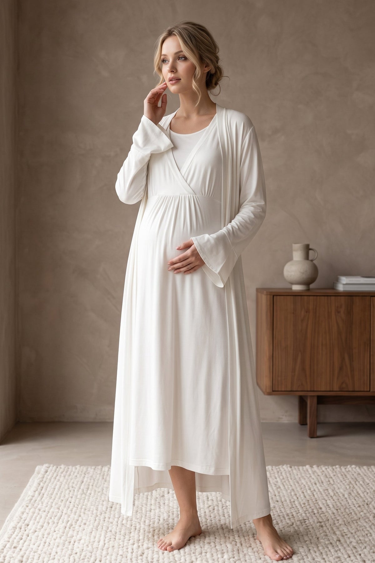 Breastfeeding Detailed Maternity Feeding-Friendly Nightgown & Robe Set Ecru - L621