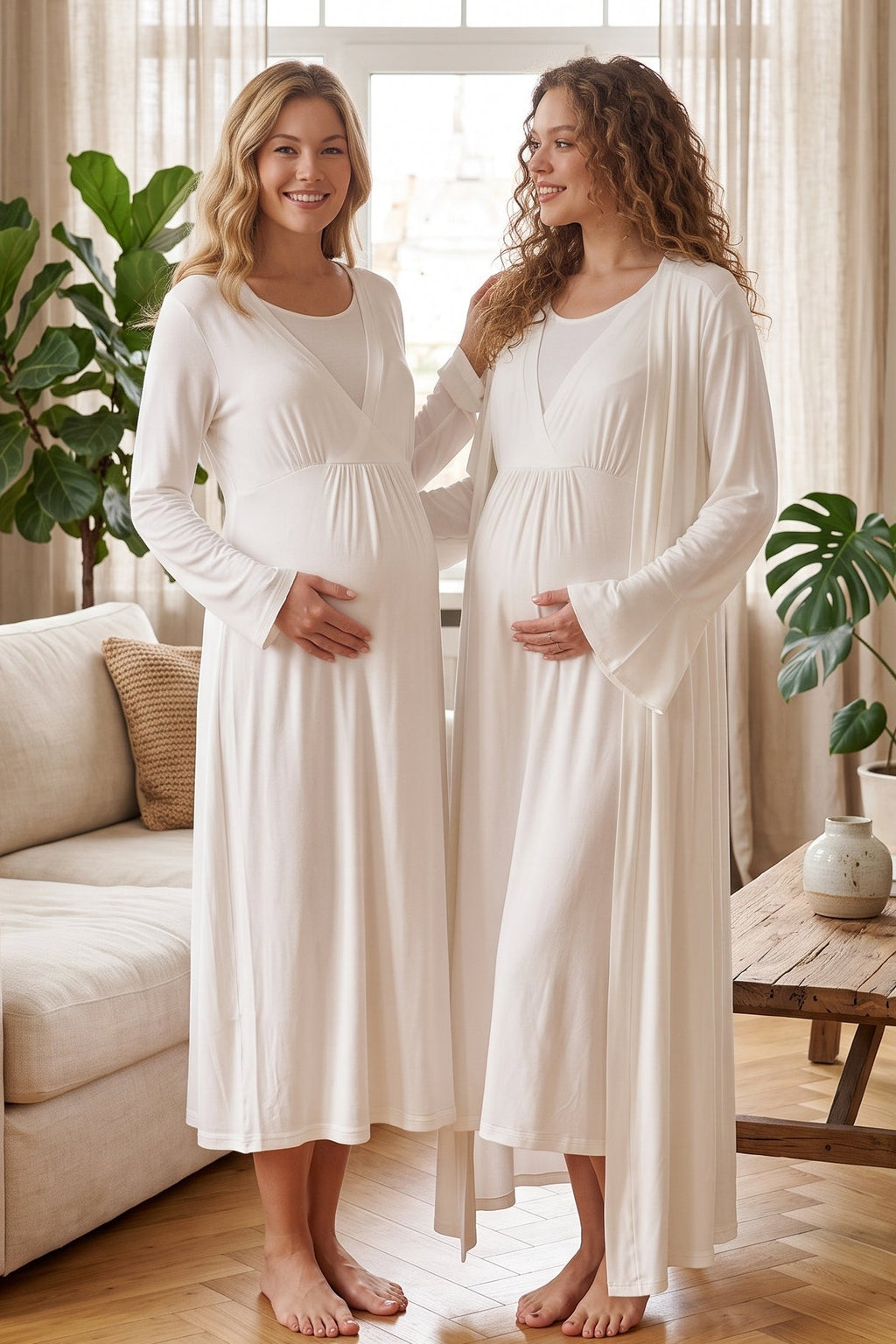 Breastfeeding Detailed Maternity Feeding-Friendly Nightgown & Robe Set Ecru - L621