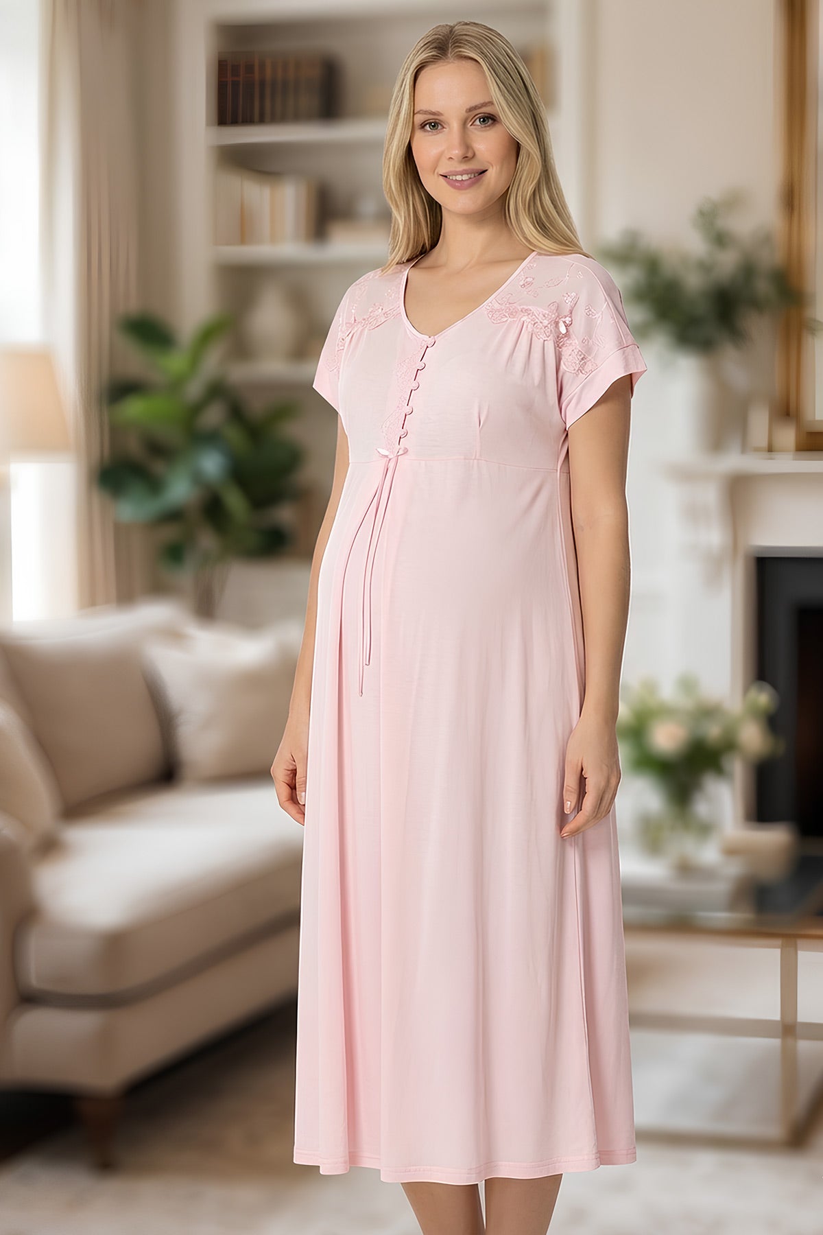 Floral Lace Detailed Maternity-Nursing Nightgown & Robe Set Powder - 6221