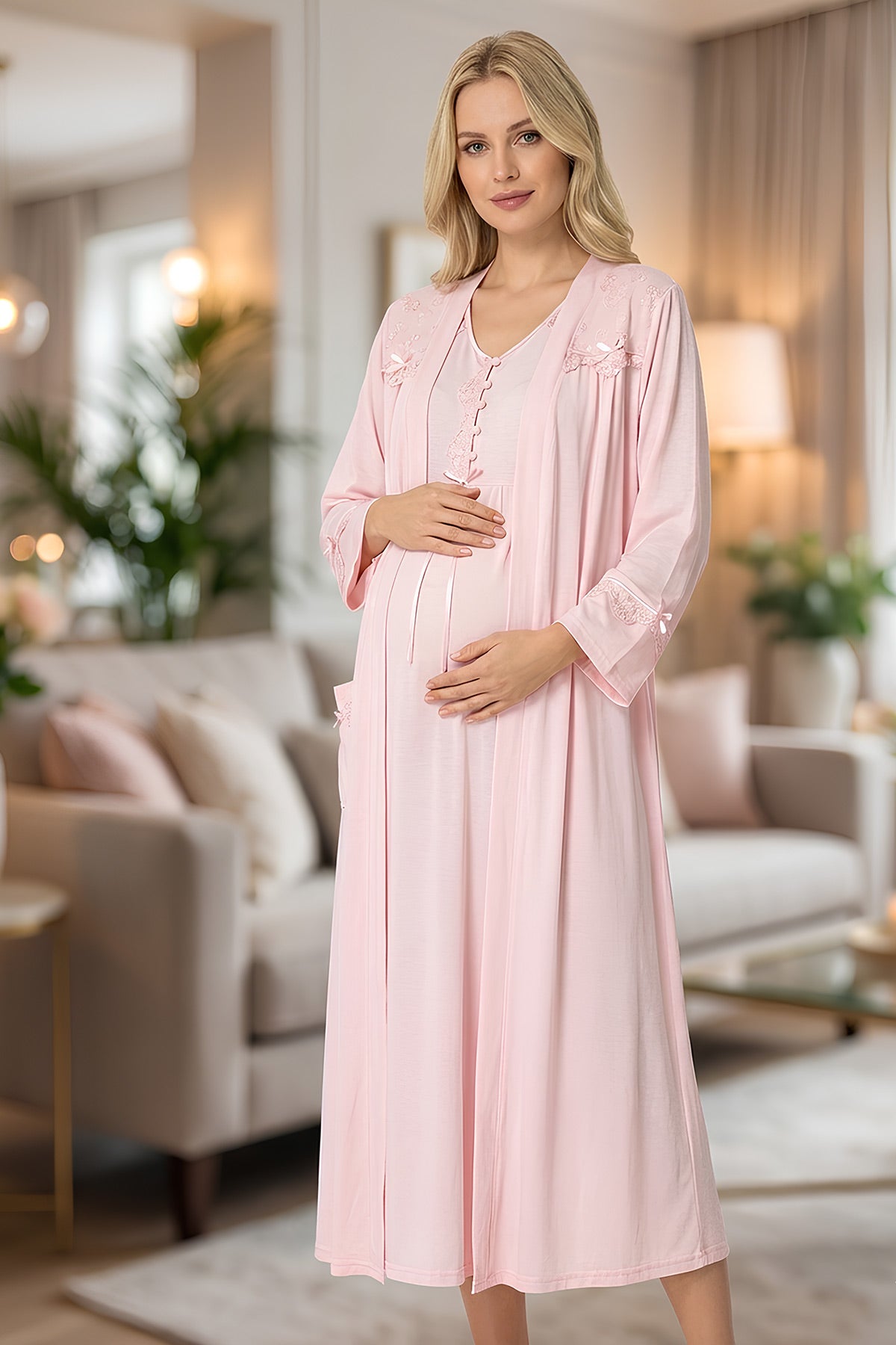 Floral Lace Detailed Maternity-Nursing Nightgown & Robe Set Powder - 6221
