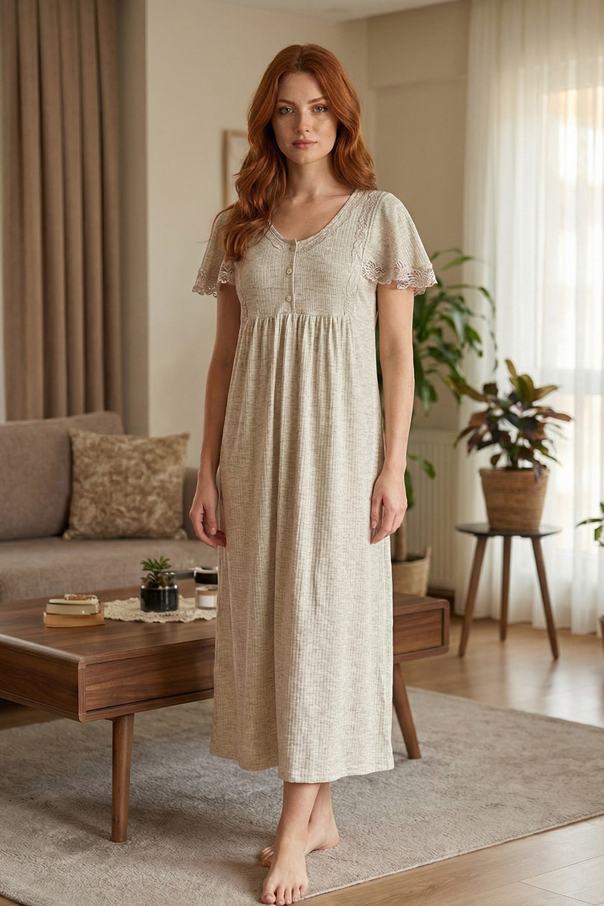 Lace Sleeve Ribbed Maternity & Nursing Nightgown Beige - 6229