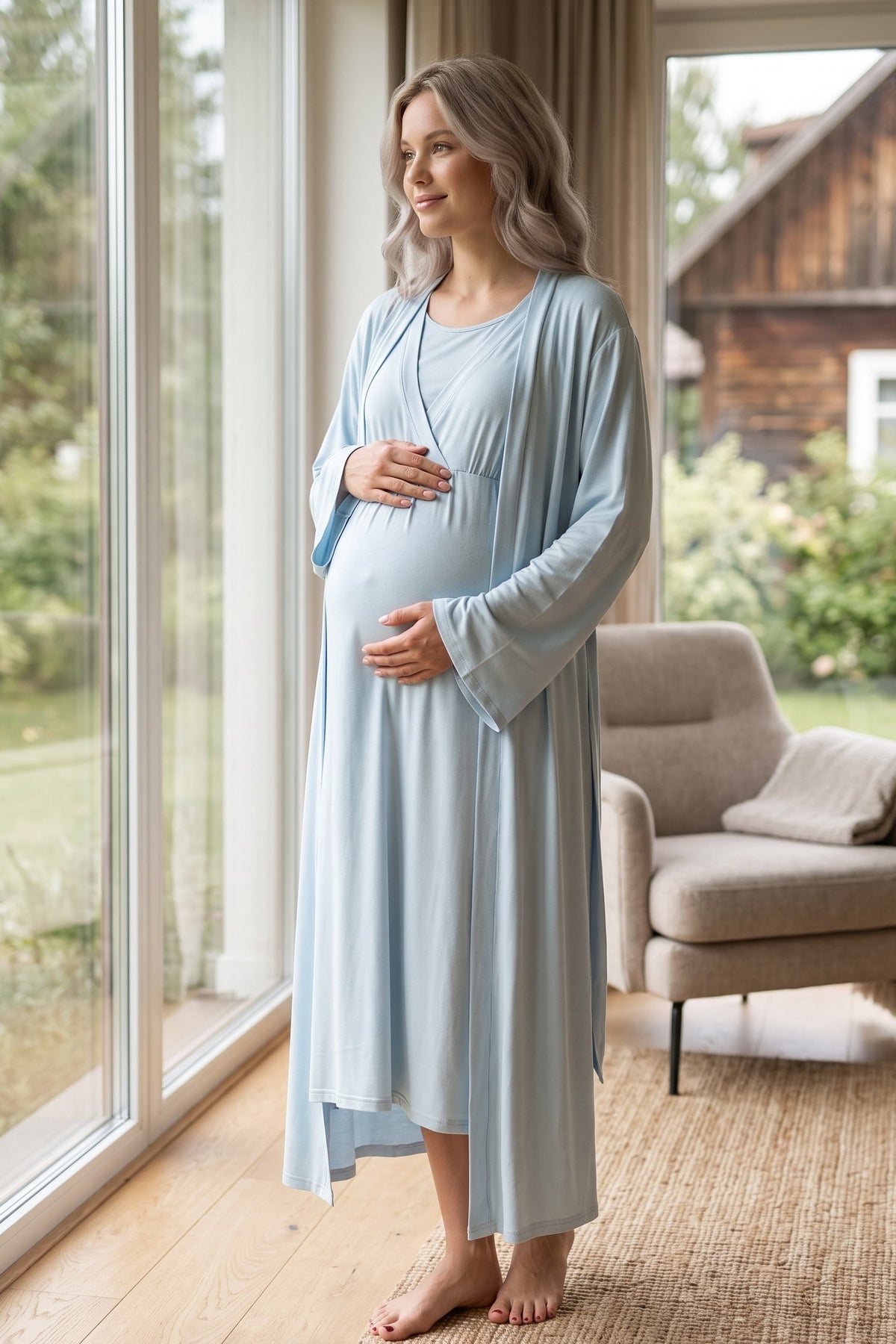 Breastfeeding Detailed Maternity Feeding-Friendly Nightgown & Robe Set Blue - L622