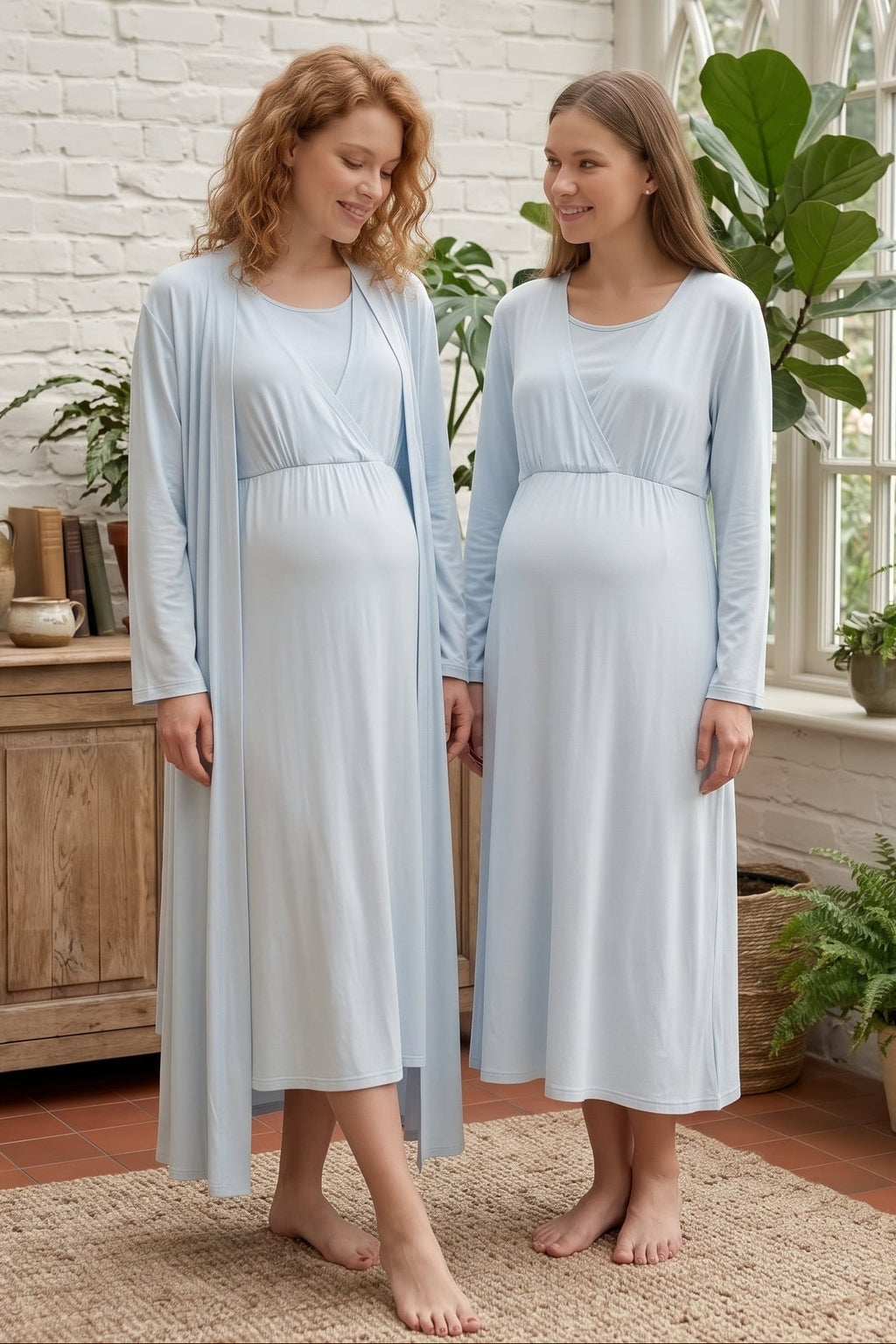 Breastfeeding Detailed Maternity Feeding-Friendly Nightgown & Robe Set Blue - L622
