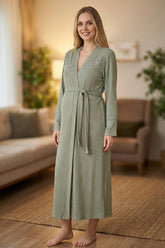 Lace Sleeve Ribbed Maternity Robe Green - 6231
