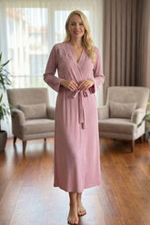 Lace Sleeve Ribbed Maternity Robe Powder - 6231