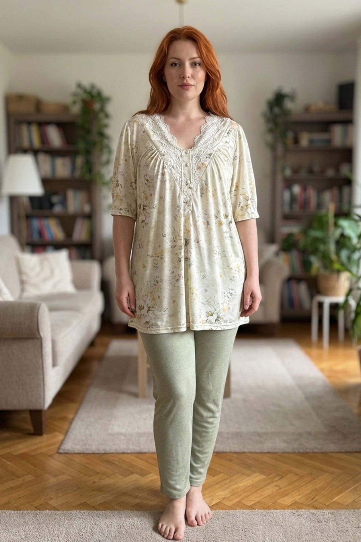 Floral Lace Collar Plus Size Maternity & Nursing Pajama Set Green - 6234