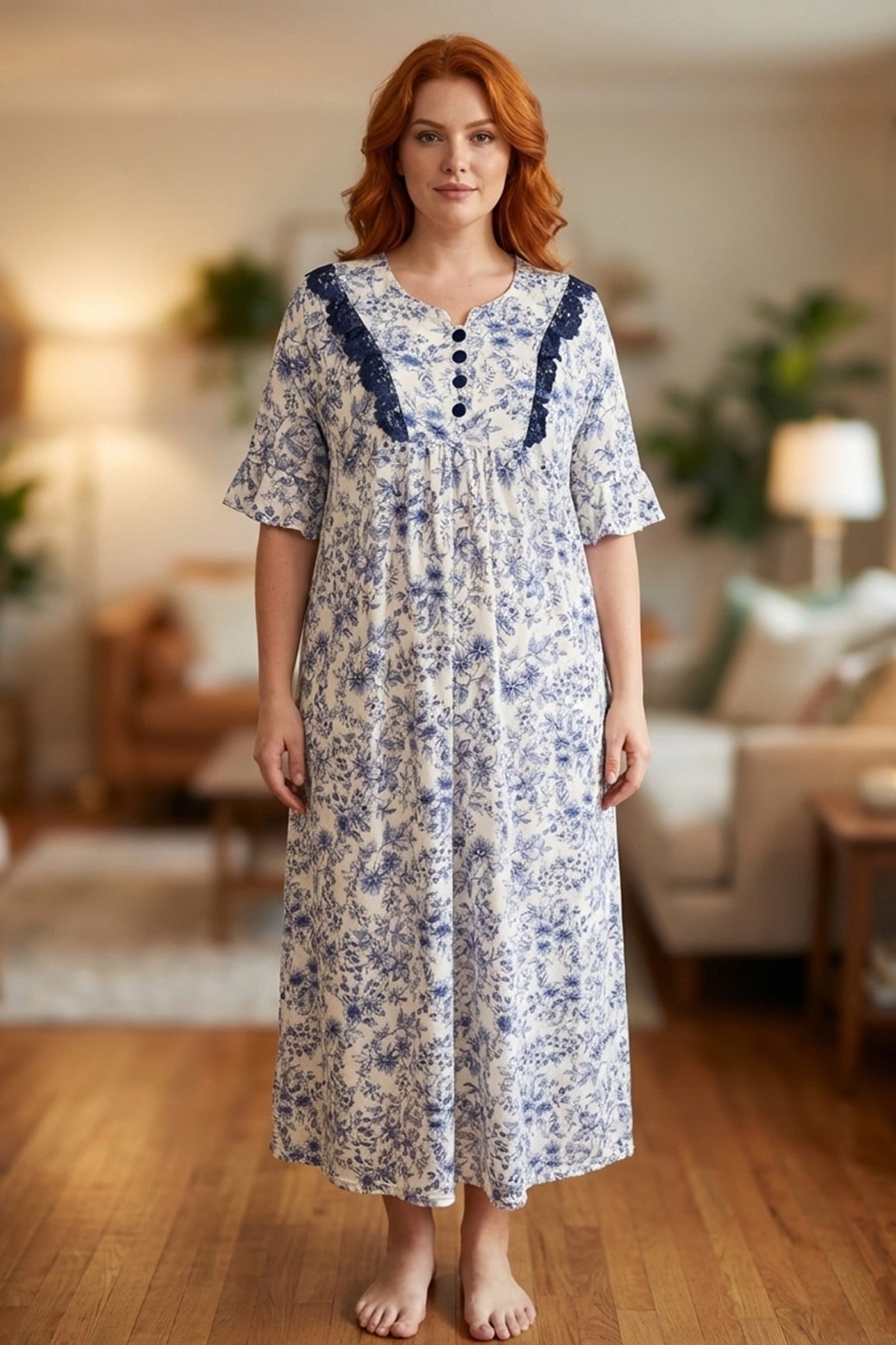 Flowery Lace Collar Plus Size Maternity & Nursing Nightgown Navy Blue - 6237