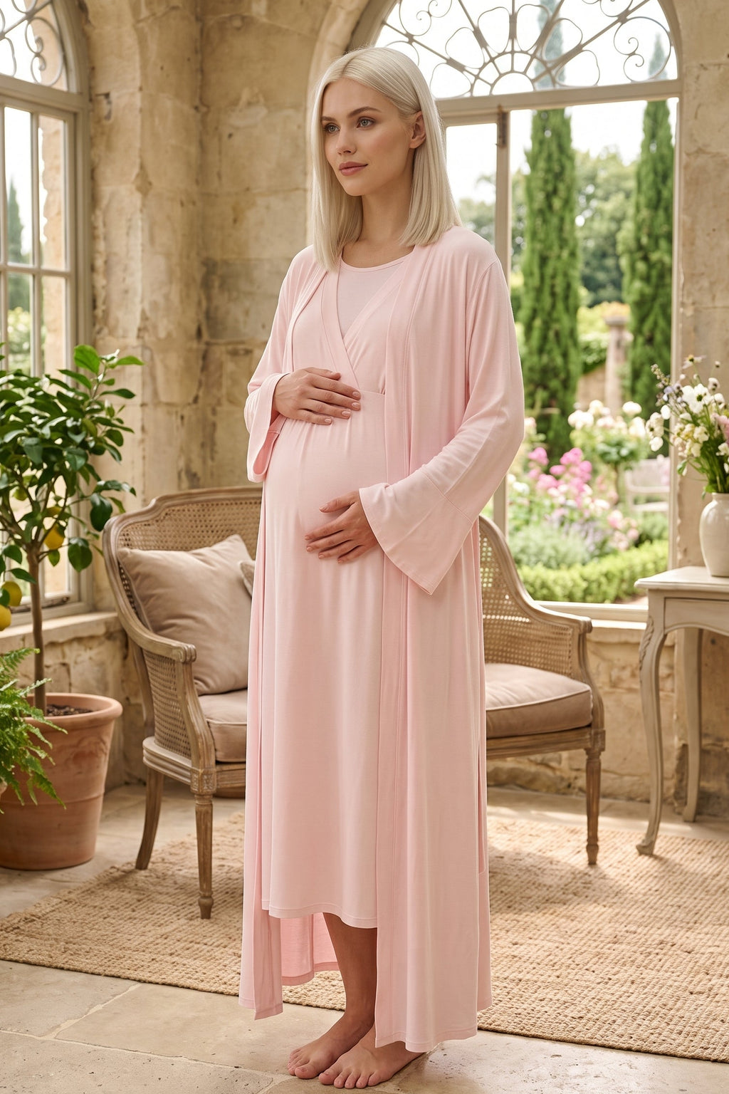 Breastfeeding Detailed Maternity Feeding-Friendly Nightgown & Robe Set Pink - L623