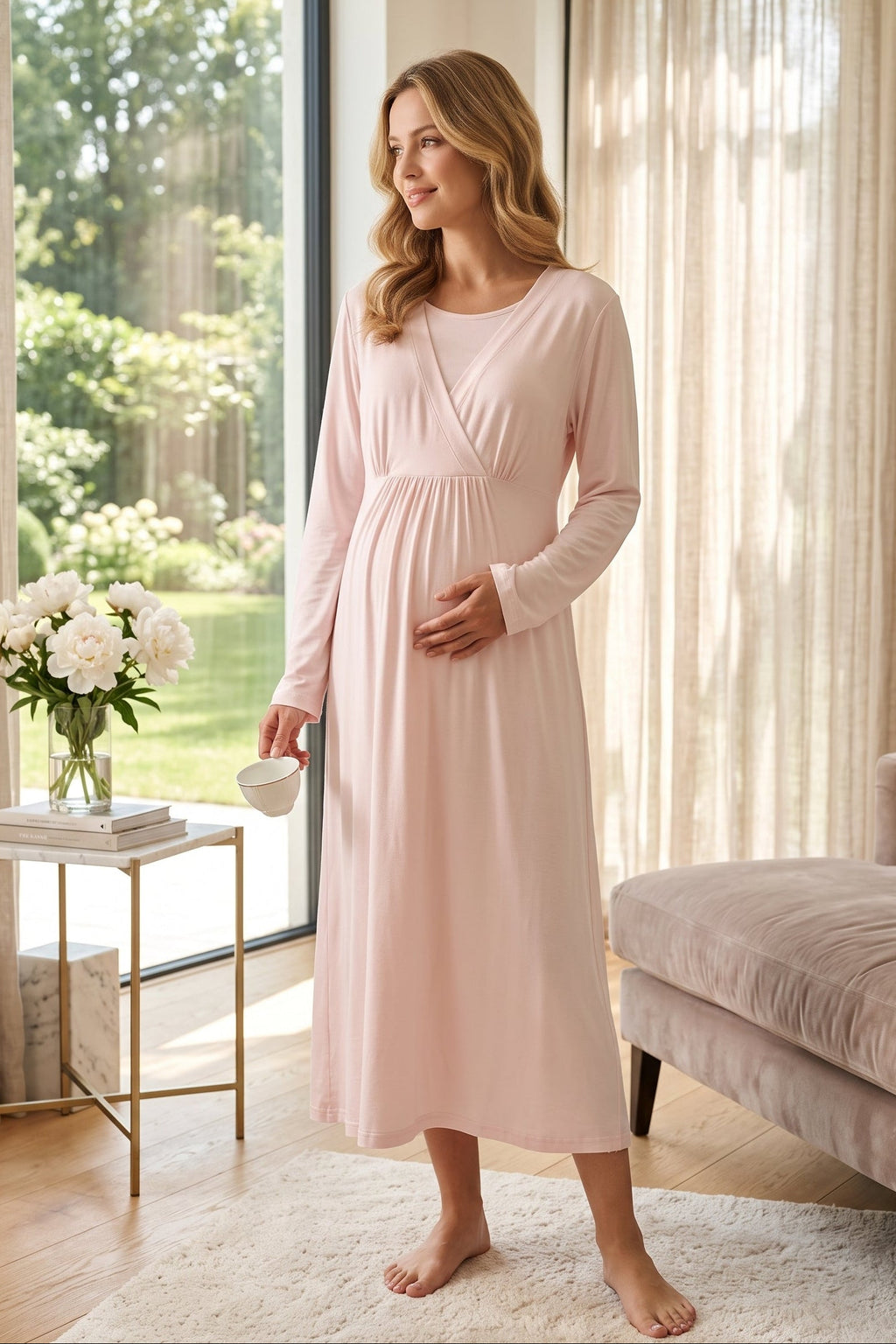 Breastfeeding Detailed Maternity Feeding-Friendly Nightgown & Robe Set Pink - L623