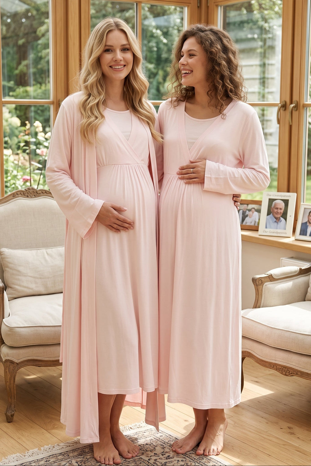 Breastfeeding Detailed Maternity Feeding-Friendly Nightgown & Robe Set Pink - L623