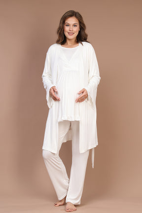 Breastfeeding Detailed 3-Piece Maternity-Nursing Pajama & Robe Set Ecru - 624