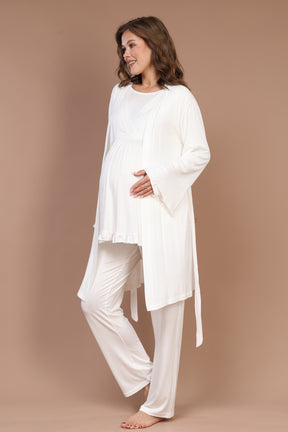 Breastfeeding Detailed 3-Piece Maternity-Nursing Pajama & Robe Set Ecru - 624