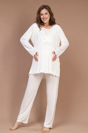 Breastfeeding Detailed 3-Piece Maternity-Nursing Pajama & Robe Set Ecru - 624